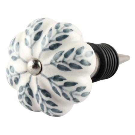 White Base Grey Leaf Ceramic Floral Wine Stopper